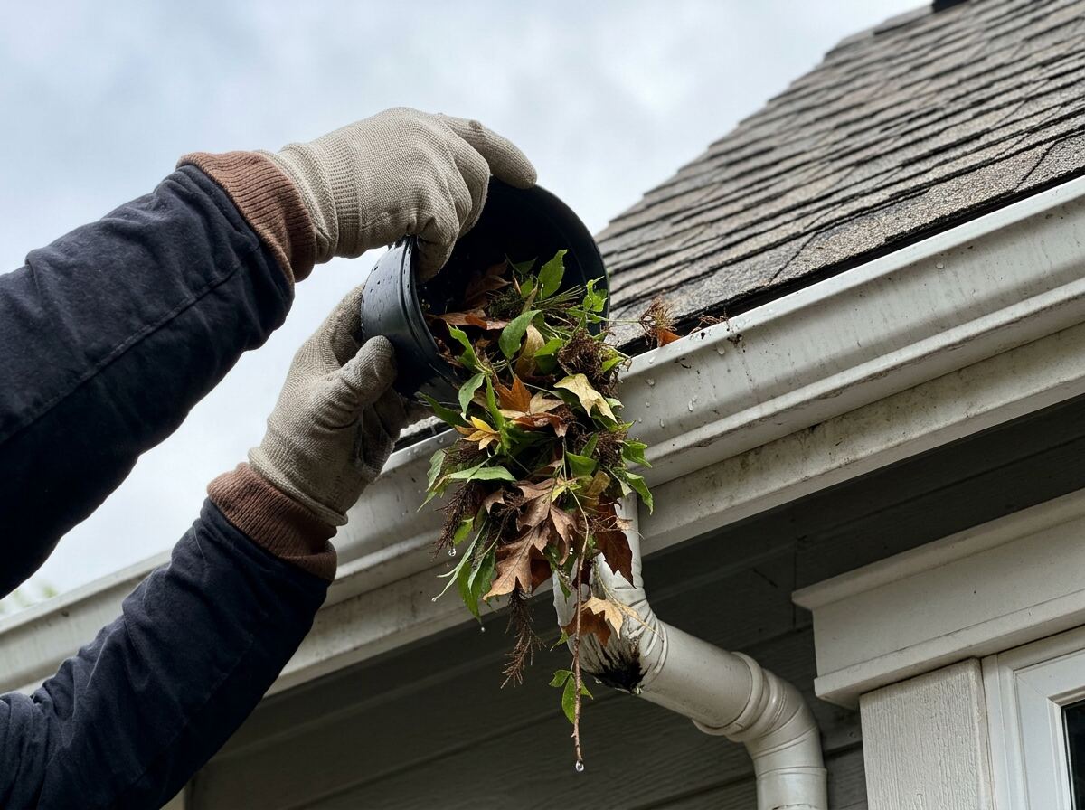 Technician cleaning gutters on a Eugene Oregon home